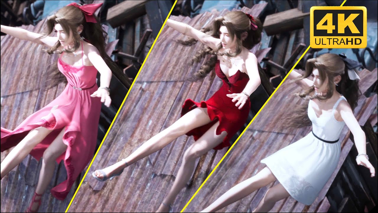 😍🥰 FFT7 Aerith falls with 6 different outfits Cutscene - PC [4K 60FPS] 😍🥰