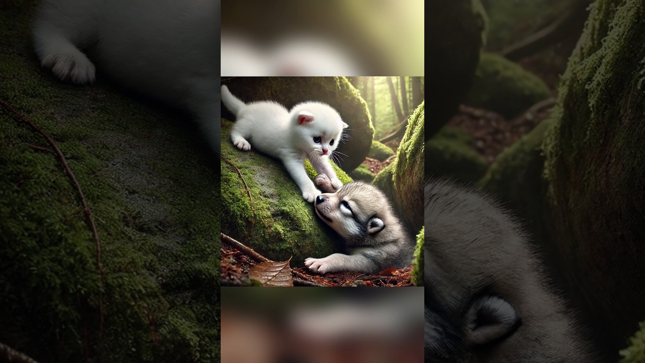 😺 kitten saved a little wolf pup  #cat #kitten #ai #heartwarmingstories