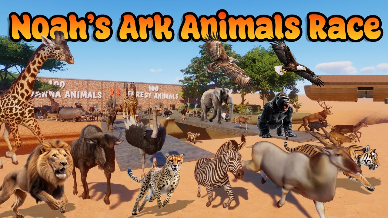 100 Savanna VS 100 Forest Animals Race in Noah's Ark Planet Zoo included Elephant, Giraffe, Horse