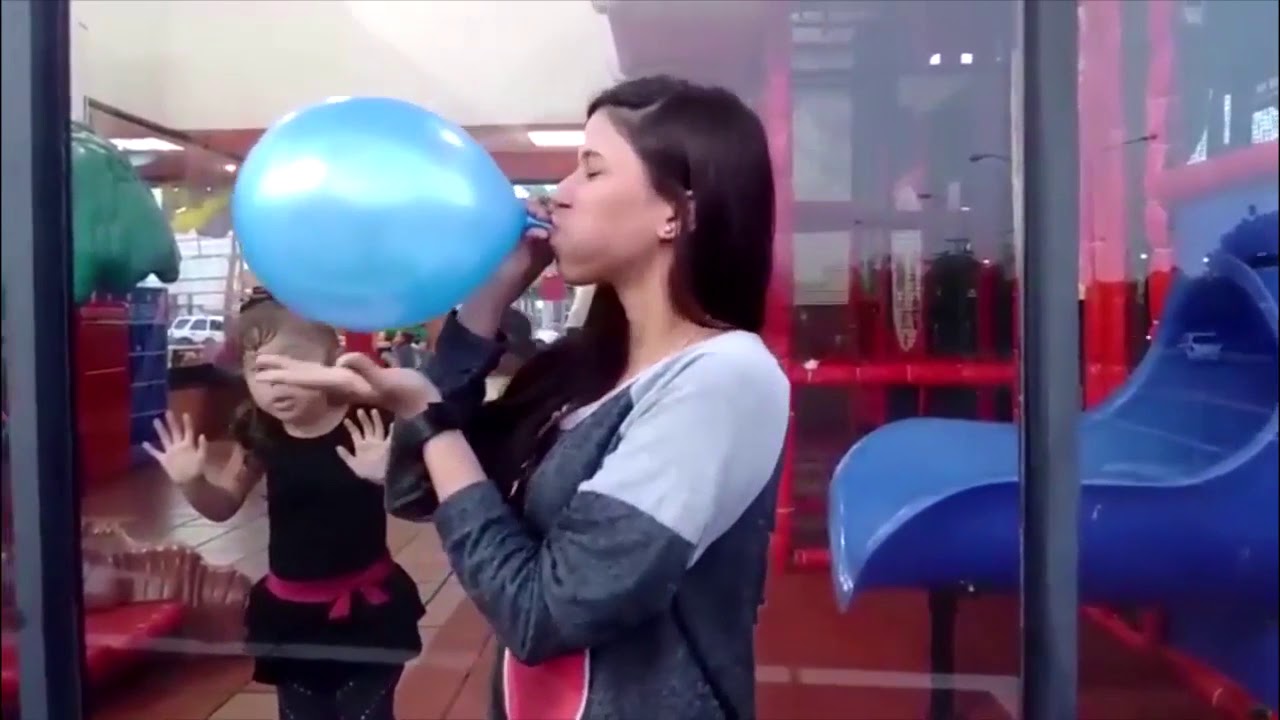 (117) Girl blow to pop big tight blue balloon LOUD   Looners Paradise