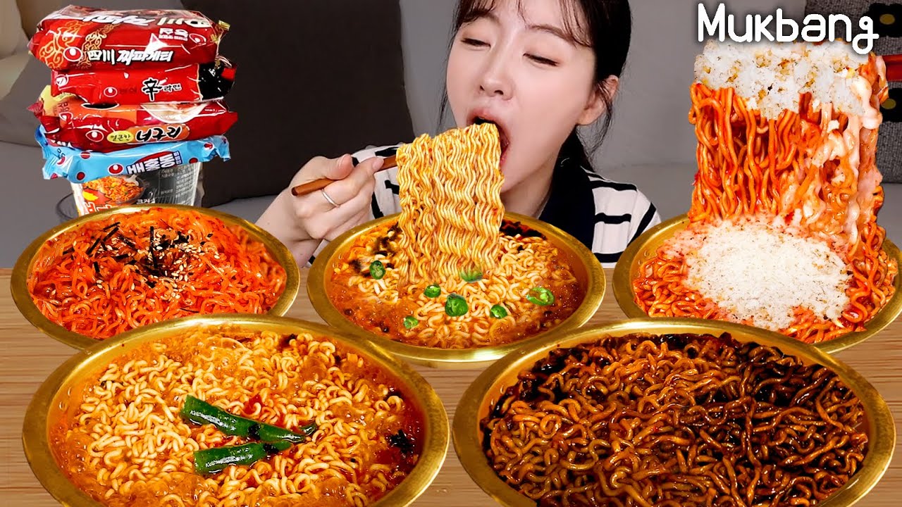 밤12시 간단하게 라면 5종 순삭!!🍜신라면, 짜파게티, 불닭볶음면, 비빔면, 너구리(ft.망고빙수,탕후루,생과일 찹쌀떡)라면먹방 5 Korean ramen REAL MUKBANG