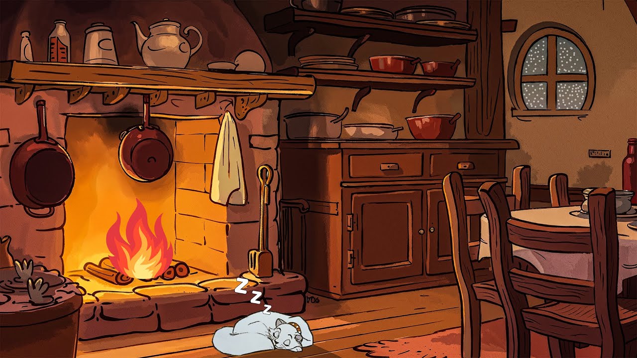 1920's cozy cottage with oldies playing in another room for relaxation (fireplace sounds)