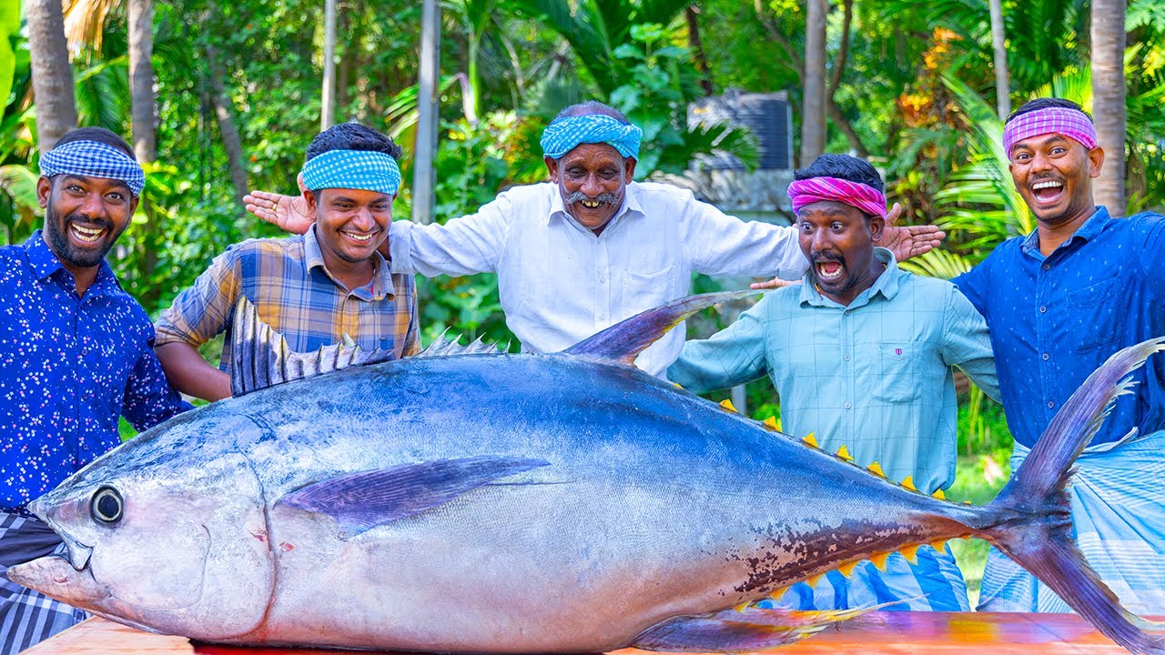200 Pounds BIG TUNA FISH | Tuna Fish Cutting and Cooking in Village | Tuna Fish Steak Recipe