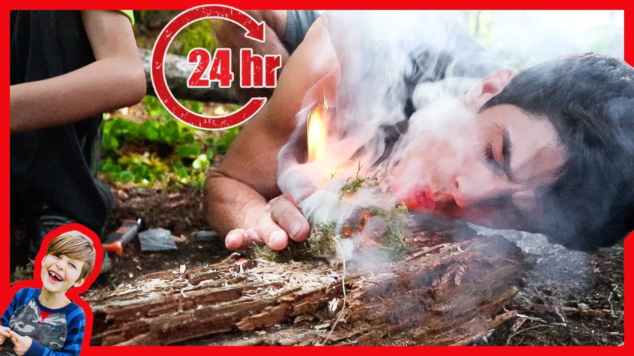 24 HOUR BOX FORT SURVIVAL CHALLENGE IN THE WOODS WITH PRIMITIVE FIRE! - The Adventurers