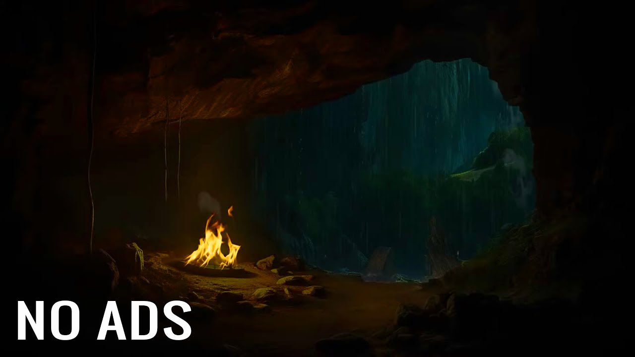 24 Hour Trapped in a cave - Cozy shelter from the storm - Bonfire and Rain Sounds
