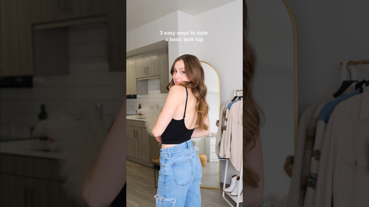 3 easy ways to style a basic tank top! which look do you like best? #fashion #lifehacks #shorts