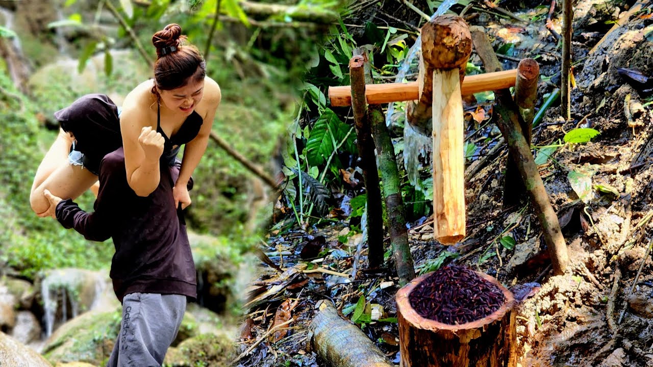 30 days of making a mill - stream fish trap, girl attacked by bad guys/Huyen Bushcraft