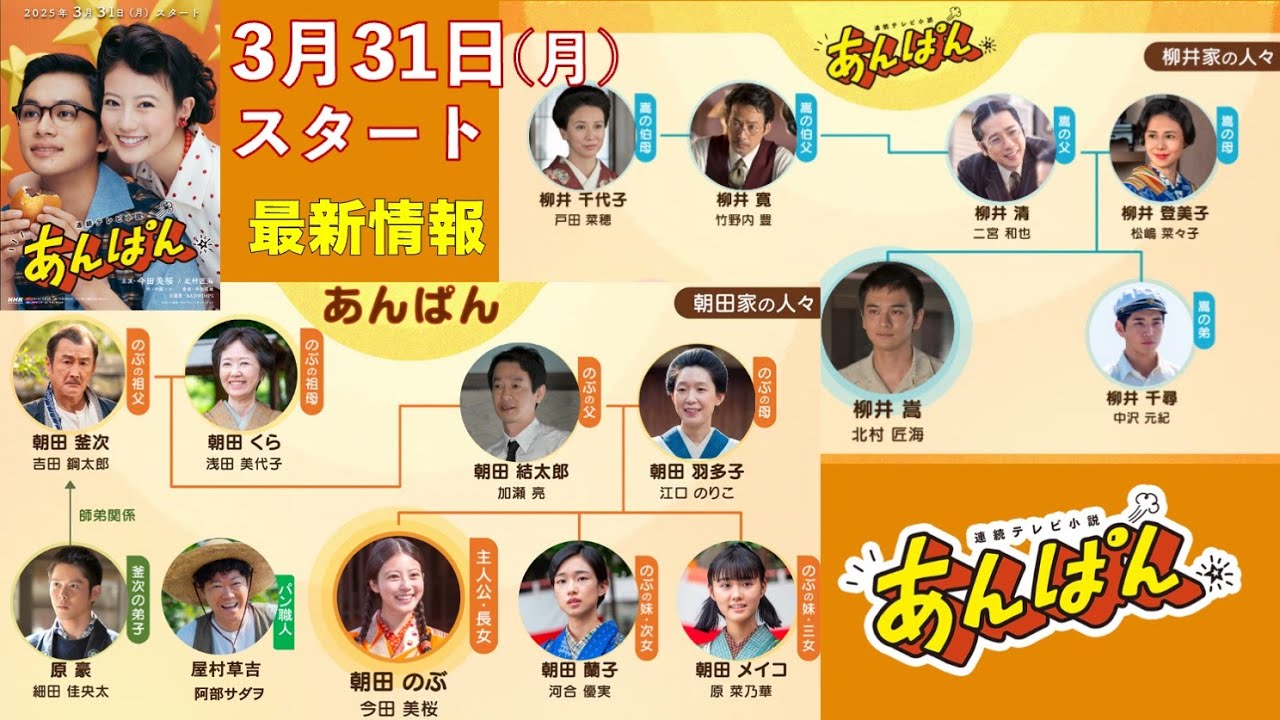 【朝ドラあんぱん】メインビジュアル3点揃い出演者ビジュアル16名公開！相関図で紹介：今田美桜/北村匠海/松嶋菜々子/二宮和也/竹野内豊/吉田鋼太郎/河合優実/原菜乃華/ネタバレ/NHK