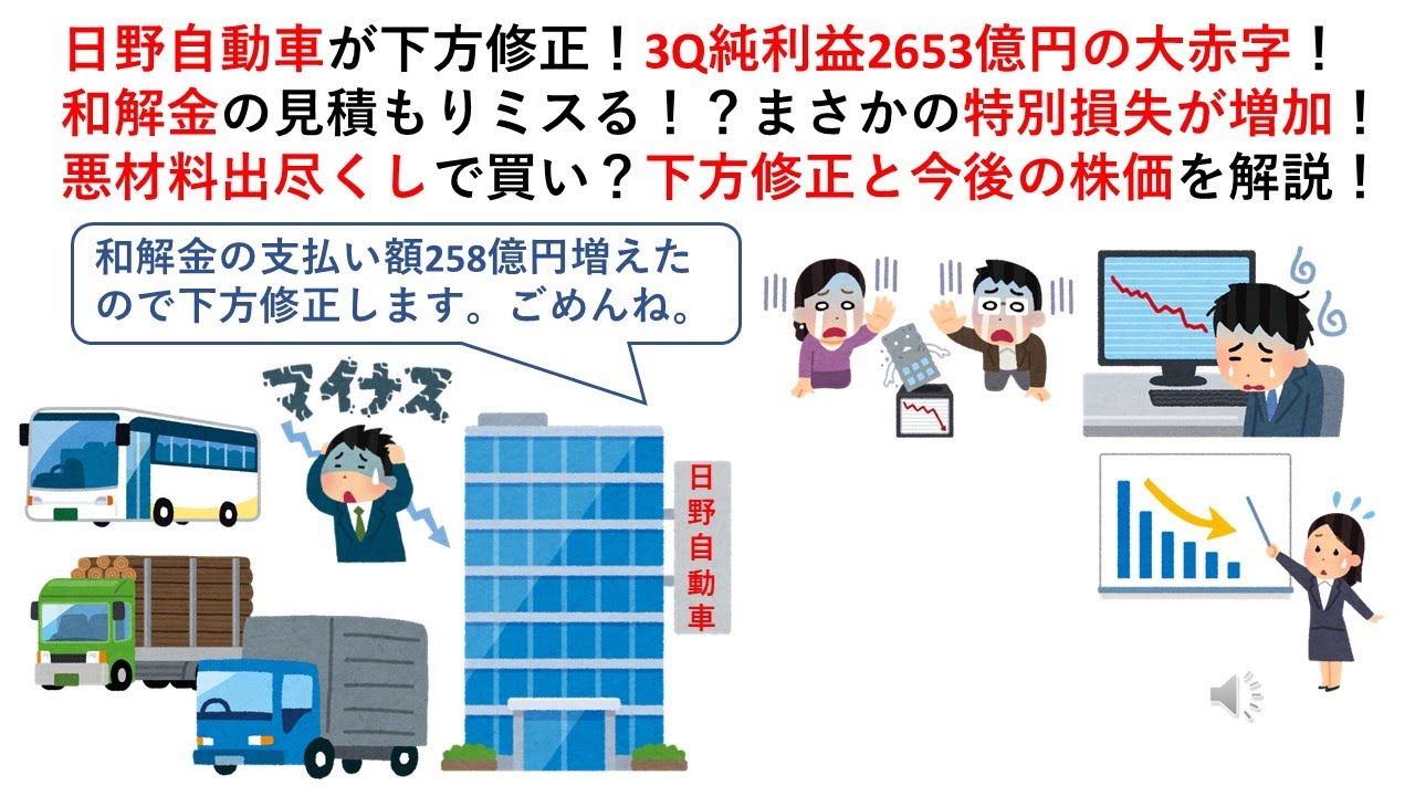 日野自動車が下方修正！3Q純利益2653億円の大赤字！和解金の見積もりミスる！？まさかの特別損失が増加！悪材料出尽くしで買い？下方修正と今後の株価を解説！