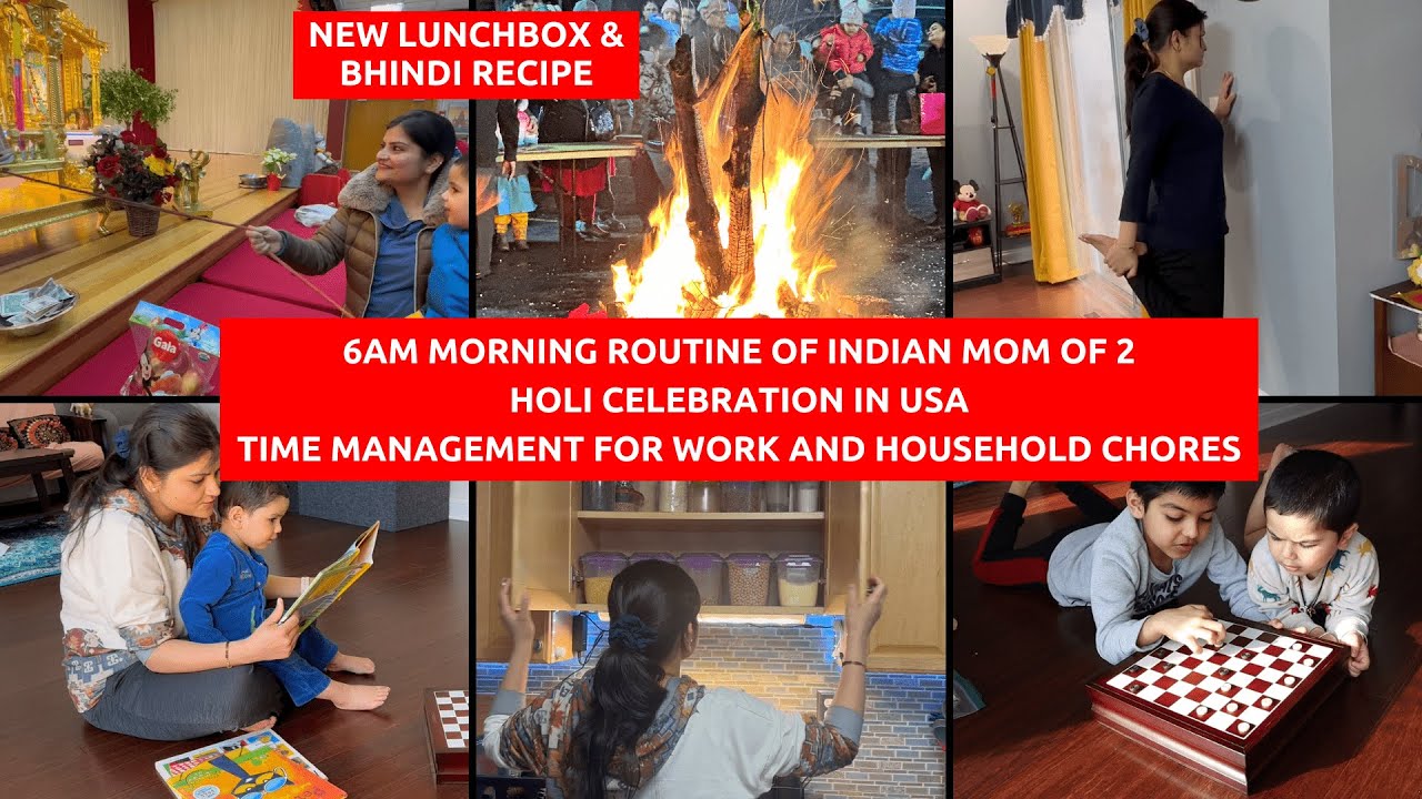 6AM Busy Morning Routine of Indian Mom With 2 Kids~Holi Celebartion in America~Real homemaking Vlogs