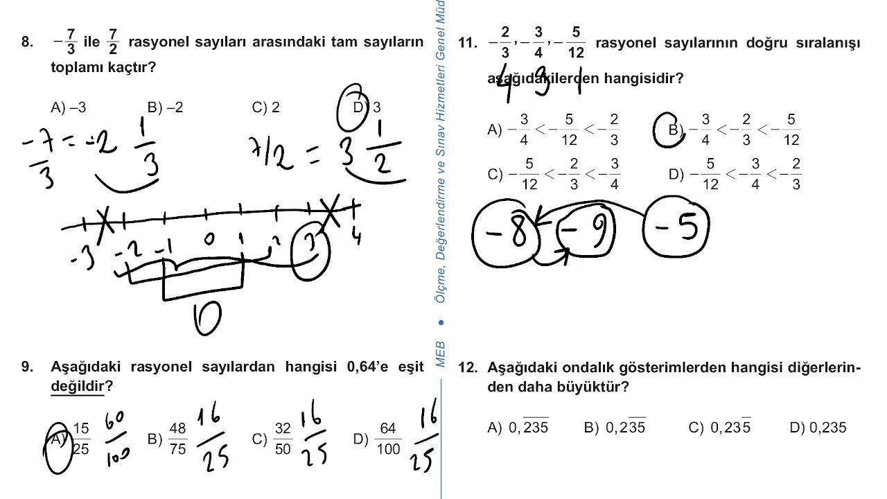 7. Sınıf Matematik Kazanım Kavrama Test 5 (Rasyonel Sayılar) Çözümler