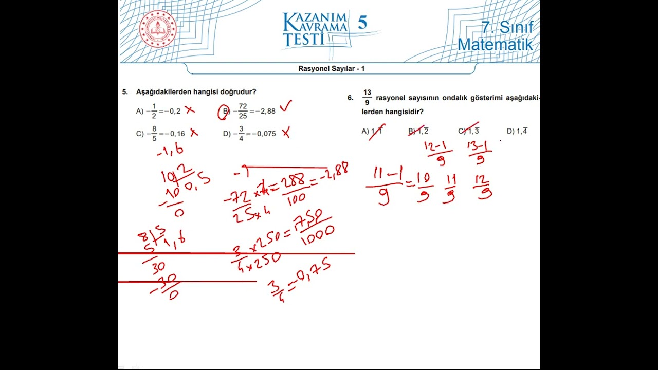 7. Sınıf Matematik Kazanım Kavrama Testi-5