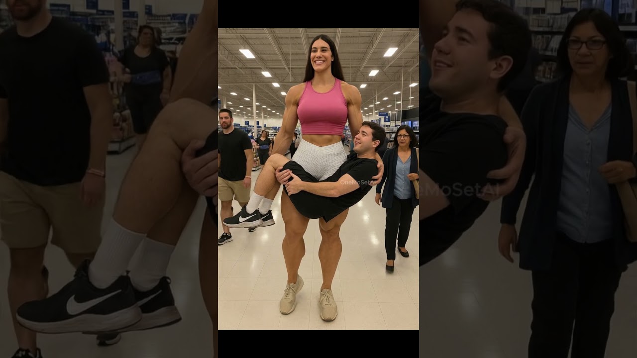 7'2 female body builder carries her boyfriend around the store