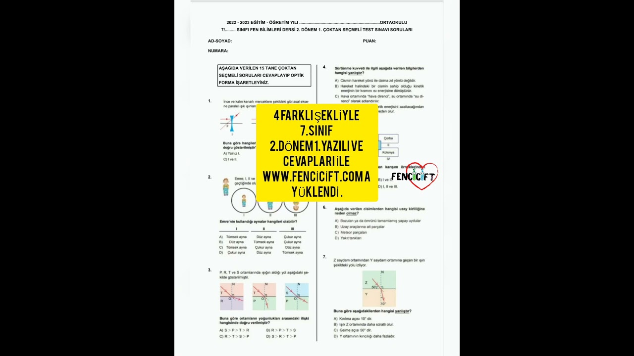 7.sınıf fen bilimleri 2.dönem 1.yazılı ve cevapları