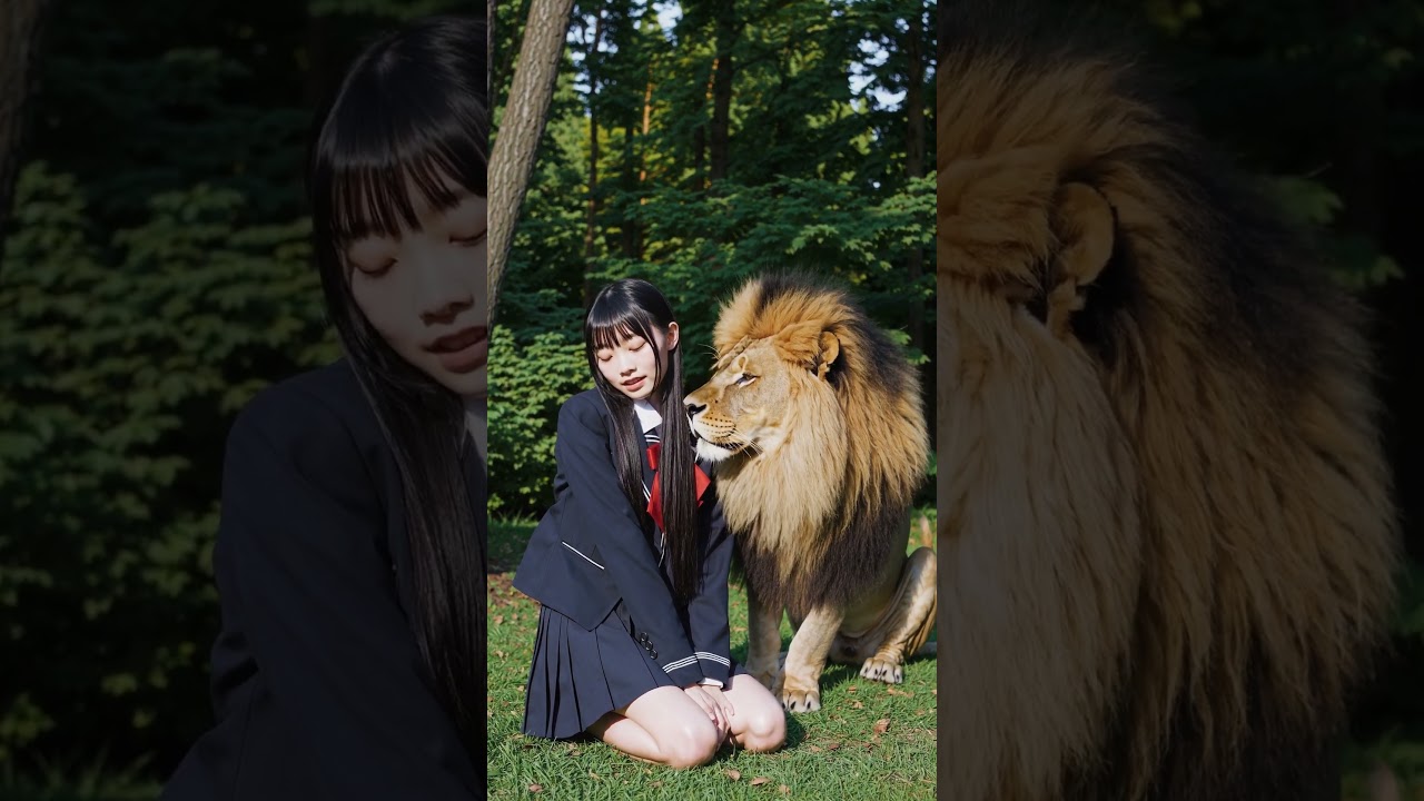 A Beautiful Japanese Schoolgirl Kisses a Lion's Face in Stunning AI Wildlife Fantasy #AI