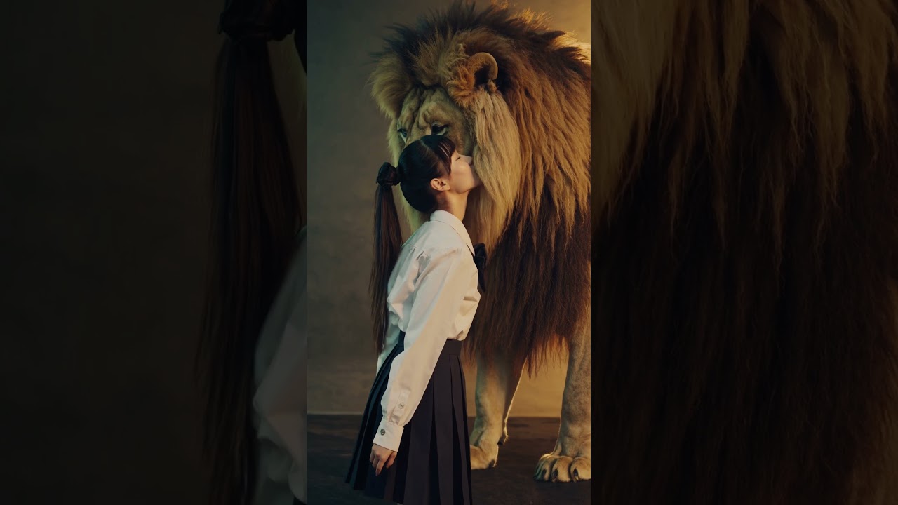 A Beautiful Japanese Schoolgirl Kisses a Lion's Face in Stunning AI Wildlife Fantasy #AI