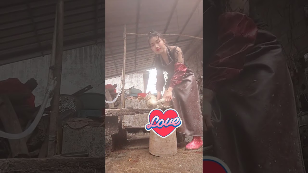 A girl slaughters a duck
