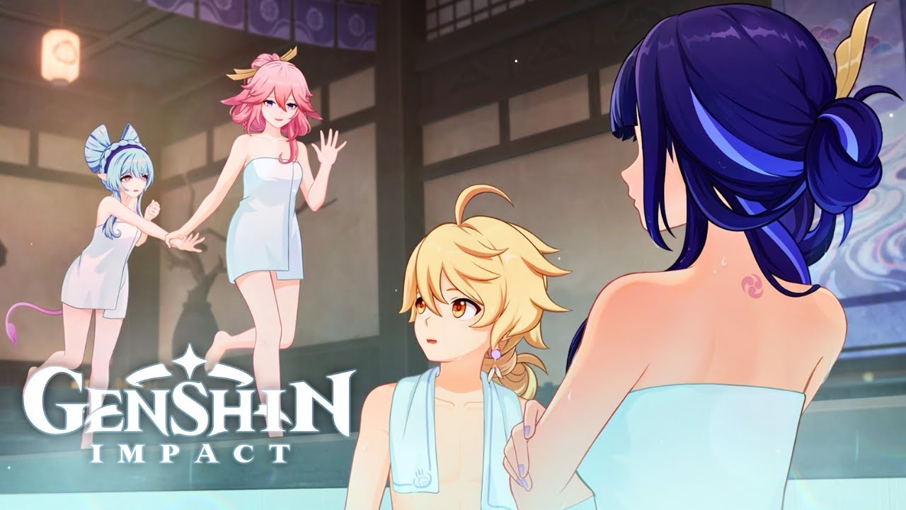 Aether Bath scene with Yae, Raiden, & Mizuki - Cutscene | 5.4 Mikawa Flower Festival