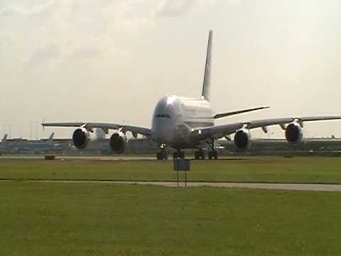 Airbus A380 takeoff from Amsterdam Airport Schiphol.