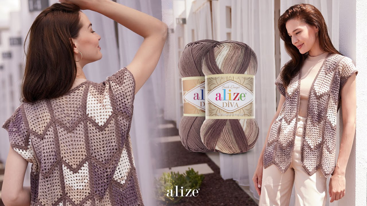 Alize Diva & Diva Batik ile Tığ İşi Motifli Yelek