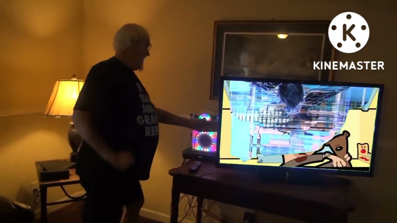 angry grandpa smashes HDTV with mr bean