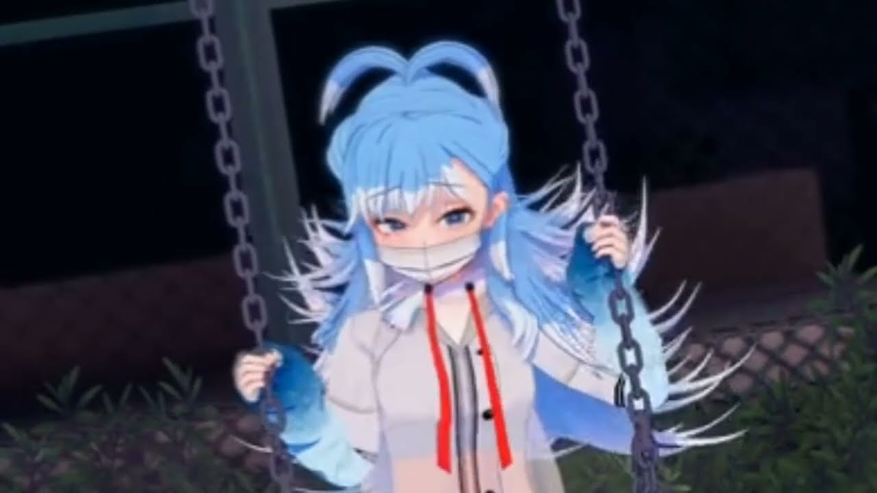 Anime sedang bermain ayunan dan bahagia