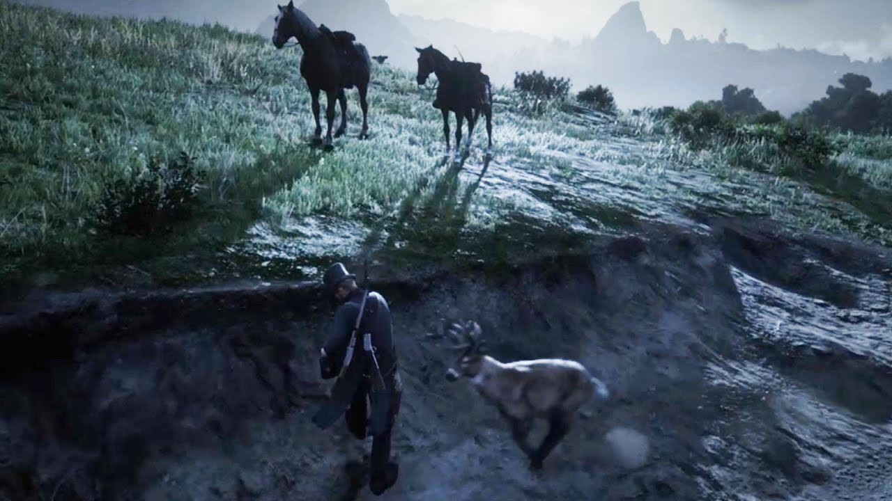 Arthur Wiped Out by Buck While Skinning a Skunk : Red Dead Redemption 2