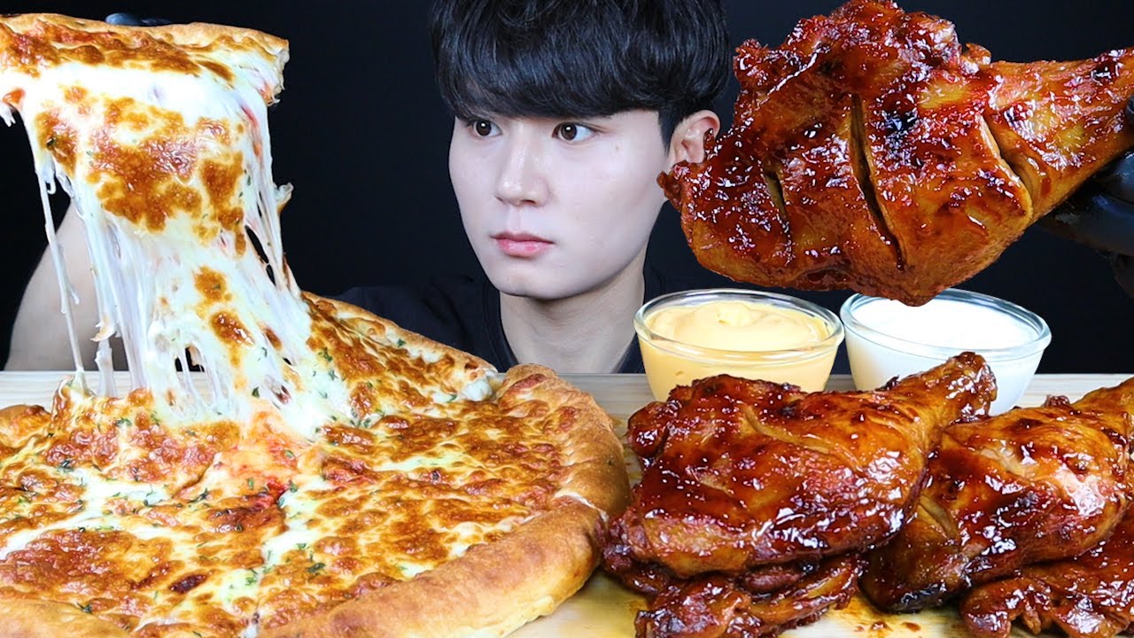 ASMR CHEESY PIZZA & SPICY FRIED CHICKEN EATING SOUNDS MUKBANG 치킨 치즈 피자 먹방ASMR MUKBANG |SUB|