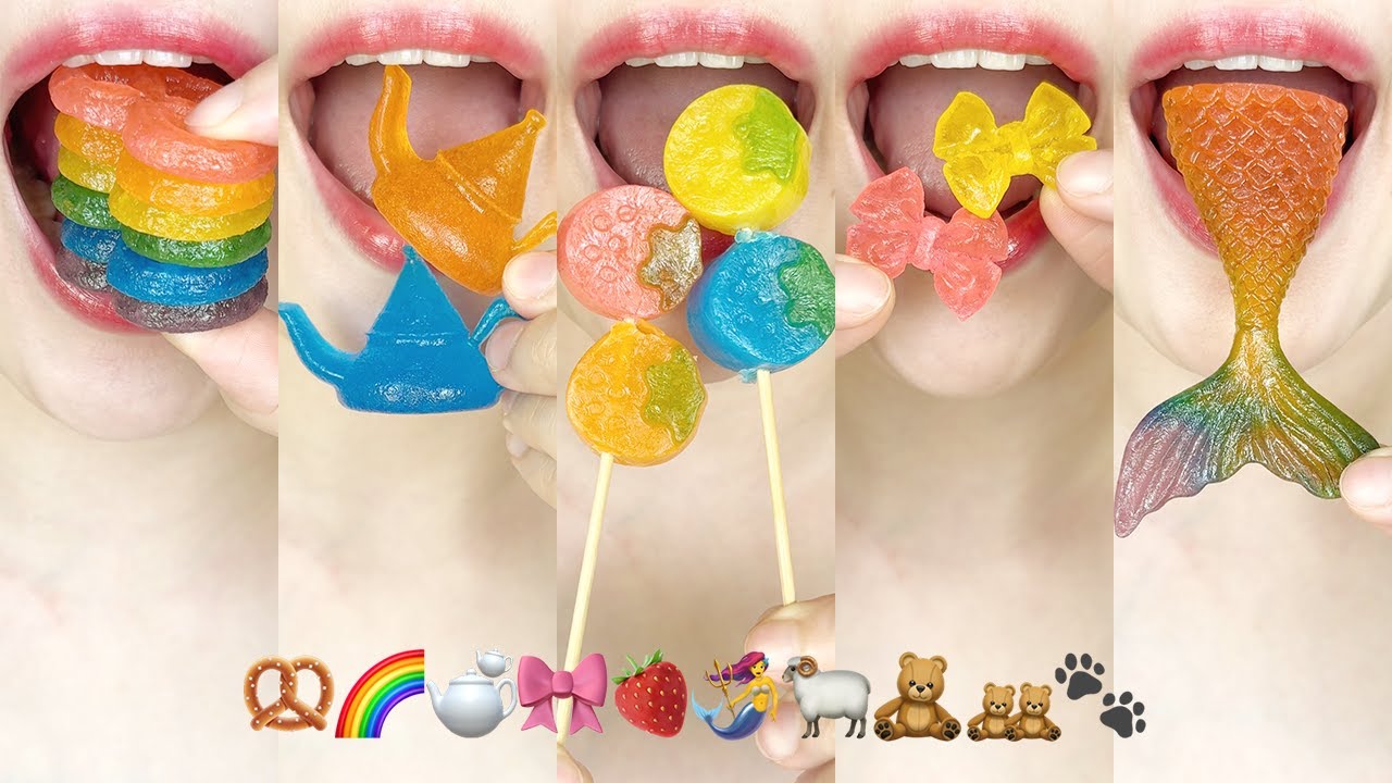 asmr COLORFUL KOHAKUTO 🥨🫖🎀🍓🧜‍♀️🐏🧸🧸🐾 EMOJI FOOD 알록달록 코하쿠토 이모지 먹방 eating sounds