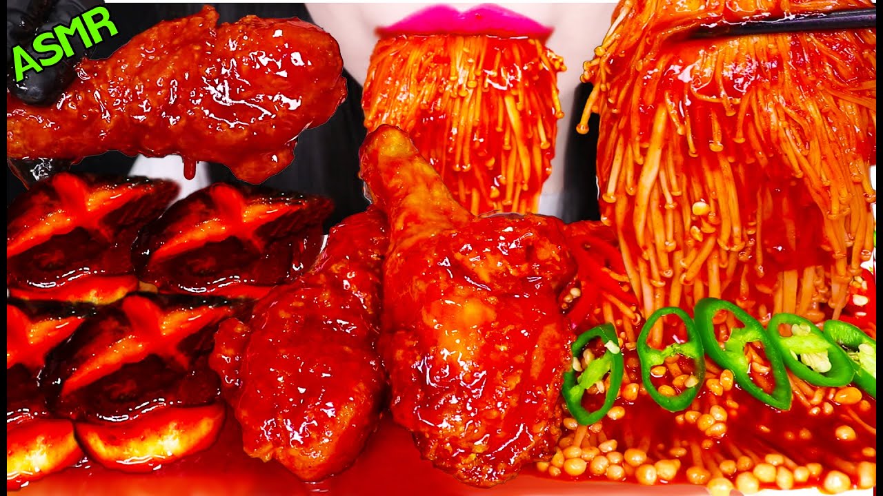 ASMR FRIED CHICKEN, ENOKI MUSHROOM, SPICY MUSHROOMS 양념 치킨, 매콤 팽이 버섯, 매운 버섯 먹방 EATING SOUNDS