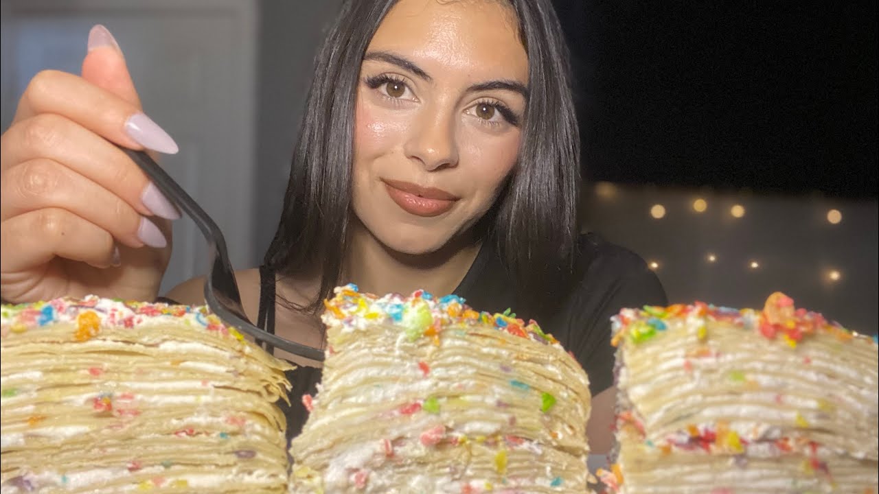 Asmr|| Fruity Pebbles Crepe Cake Mukbang🍰 (cupped eating sounds)