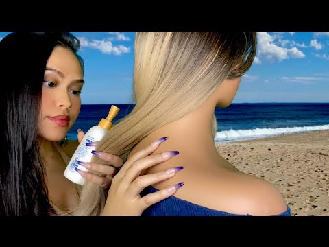 ASMR Girl At The Beach Plays W/ Your Hair + Back Scratch / Tracing & Face Touching | Summer Roleplay