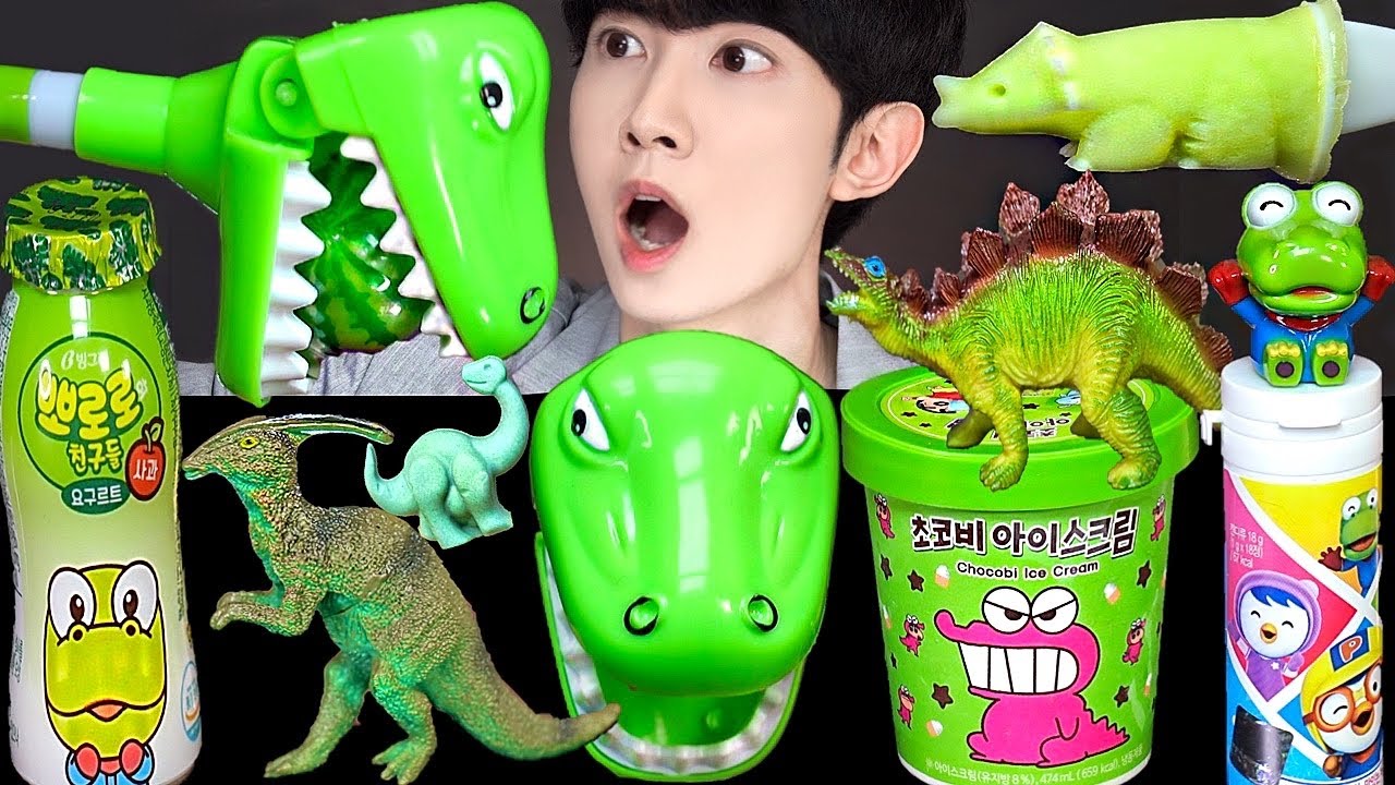 ASMR ICE CREAM GREEN DINOSAUR RECIPE PARTY 직접 만든 그린 공룡 초코 젤리 먹방 DESSERTS CANDY MUKBANG EATING SOUNDS