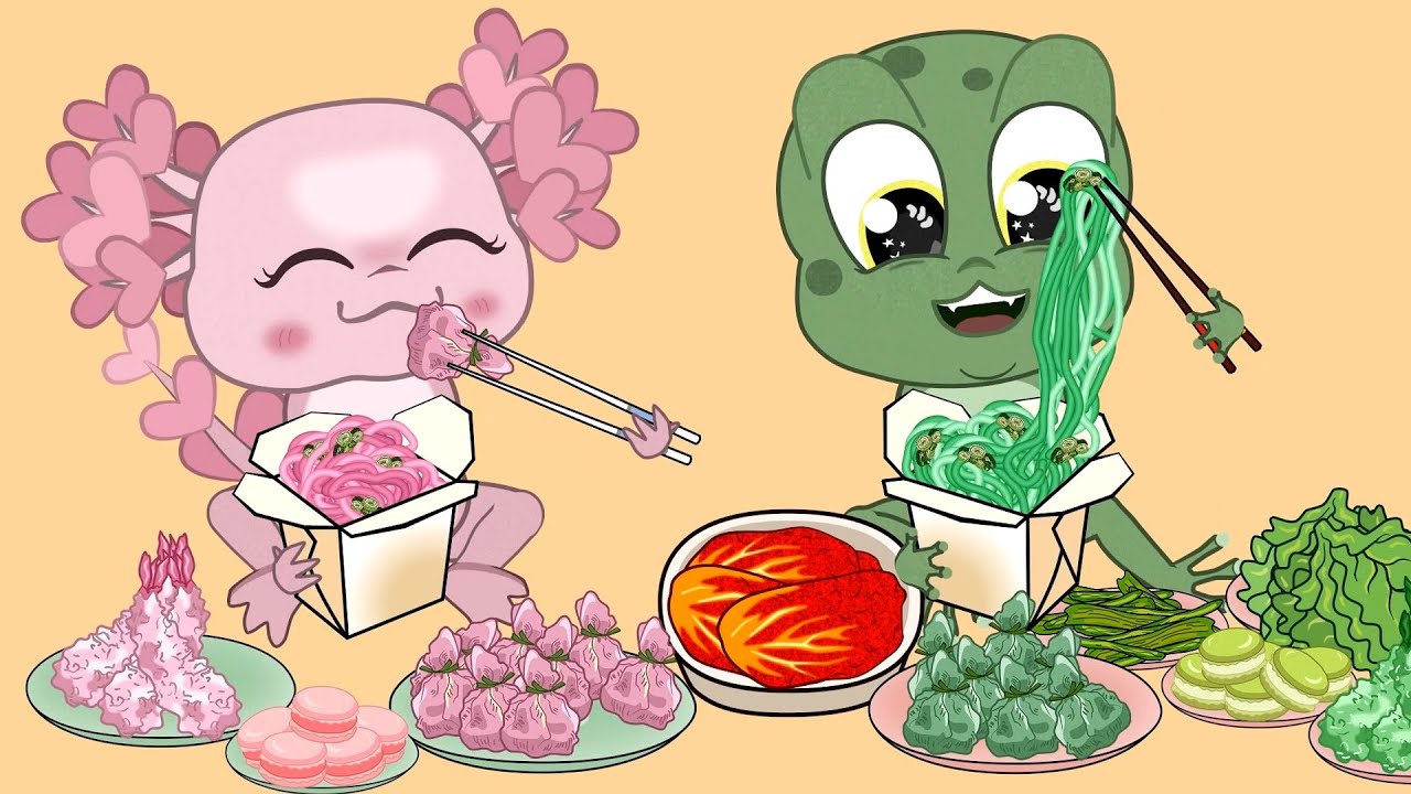 #asmr Kvaka and Axo eating random PINK and GREEN  food asmr mukbang animation | 먹방 애니메이션