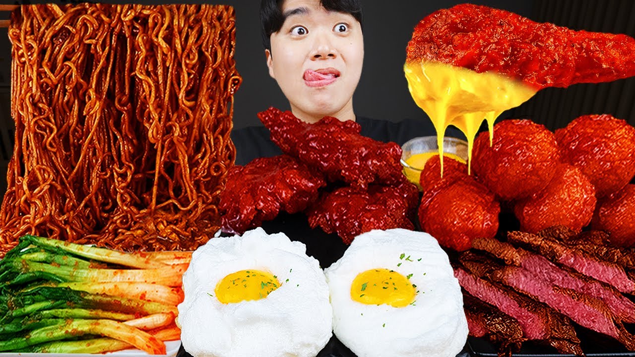ASMR MUKBANG | Ayam Goreng, mie kacang hitam, Kimchi, irisan daging babi suara makan korea!