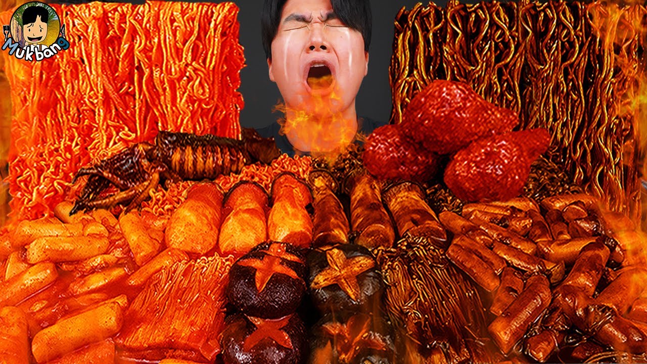 ASMR MUKBANG | kue beras Tteokbokki, Mie Api, mie kacang hitam, ayam pedas resep ! makan