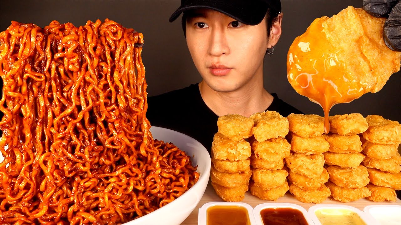 ASMR MUKBANG BLACK BEAN FIRE NOODLES & CHICKEN NUGGETS (No Talking) EATING SOUNDS