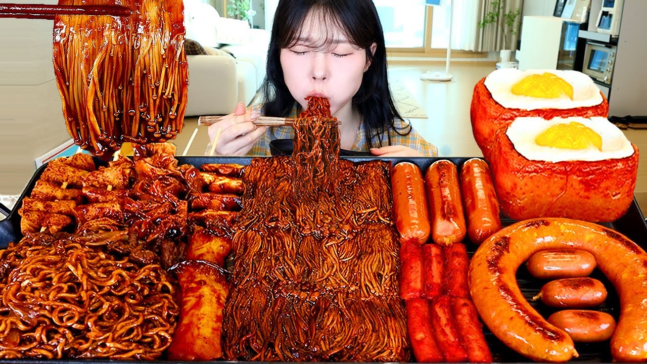 ASMR MUKBANG| Fire spicy Black bean Mushrooms, Black bean Noodles, Kielbasa Sausage, Cheese Spam.
