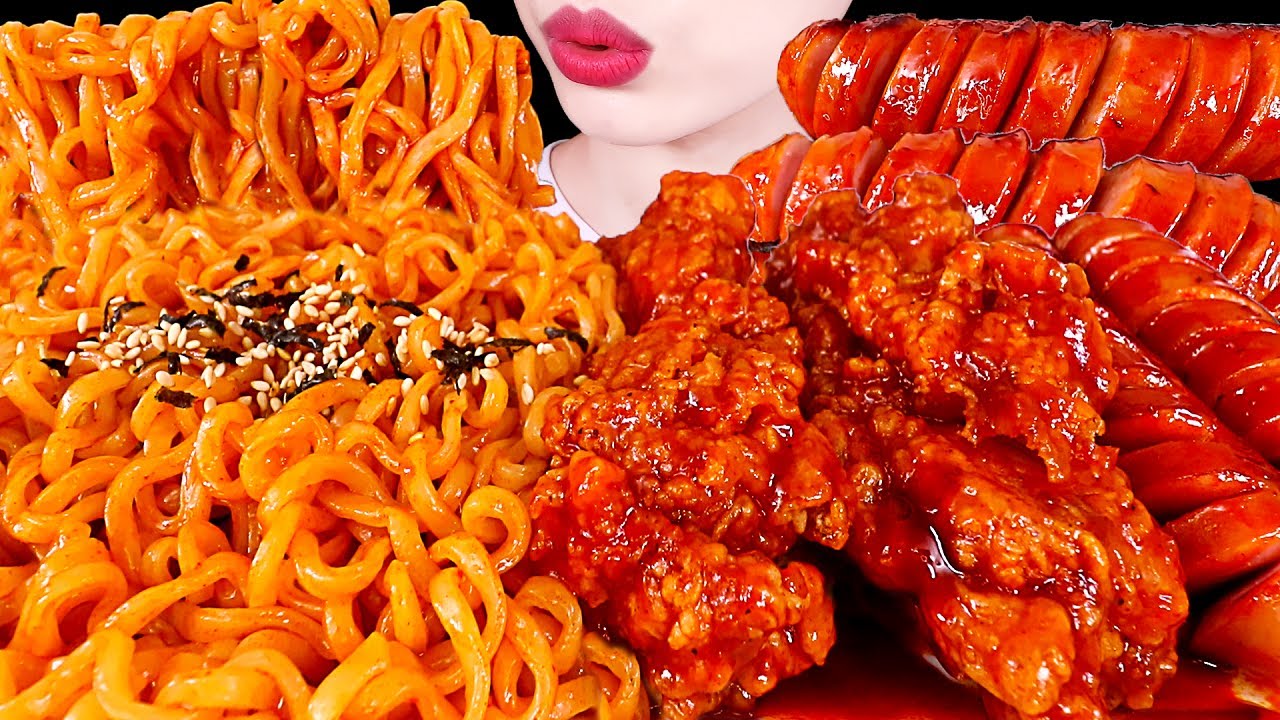 ASMR MUKBANG｜FIRE NOODLES, FRIED CHICKEN, SAUSAGE 불닭볶음면 양념치킨 불닭소세지 EATING SOUNDS 먹방