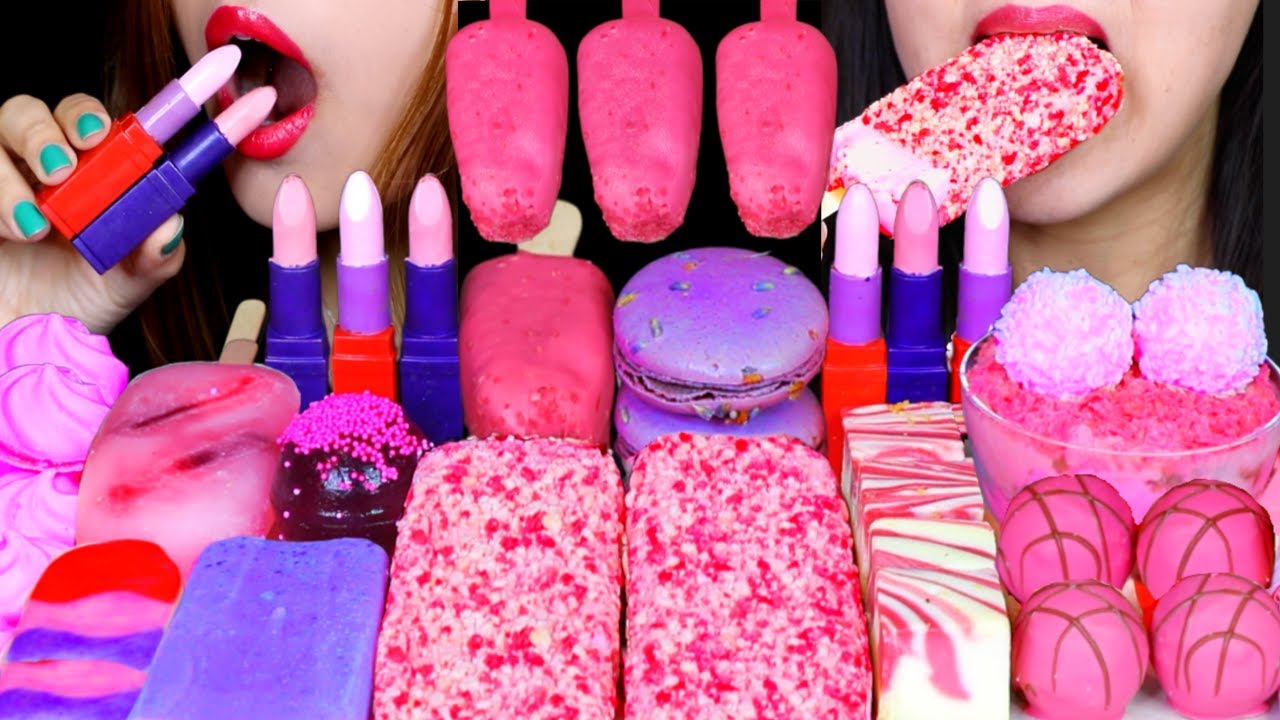 ASMR PINK + PURPLE EDIBLE LIPSTICKS, CAKE POPS, CHEESECAKE, ICE CREAM, CHOCOLATE TRUFFLE, JELLY 먹방