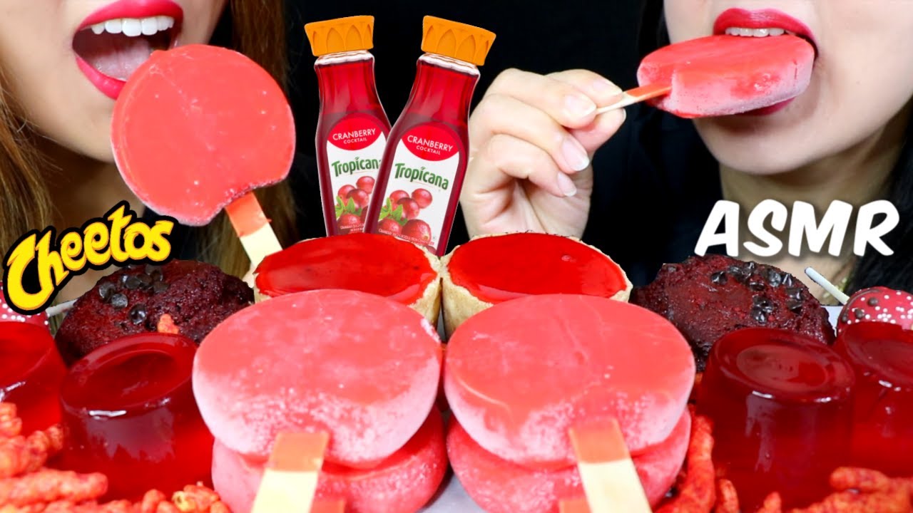 ASMR RED FOOD PARTY (Cherry Ice Cream, Red Velvet Muffin, Cheesecake) 리얼사운드 먹방 | Kim&Liz ASMR