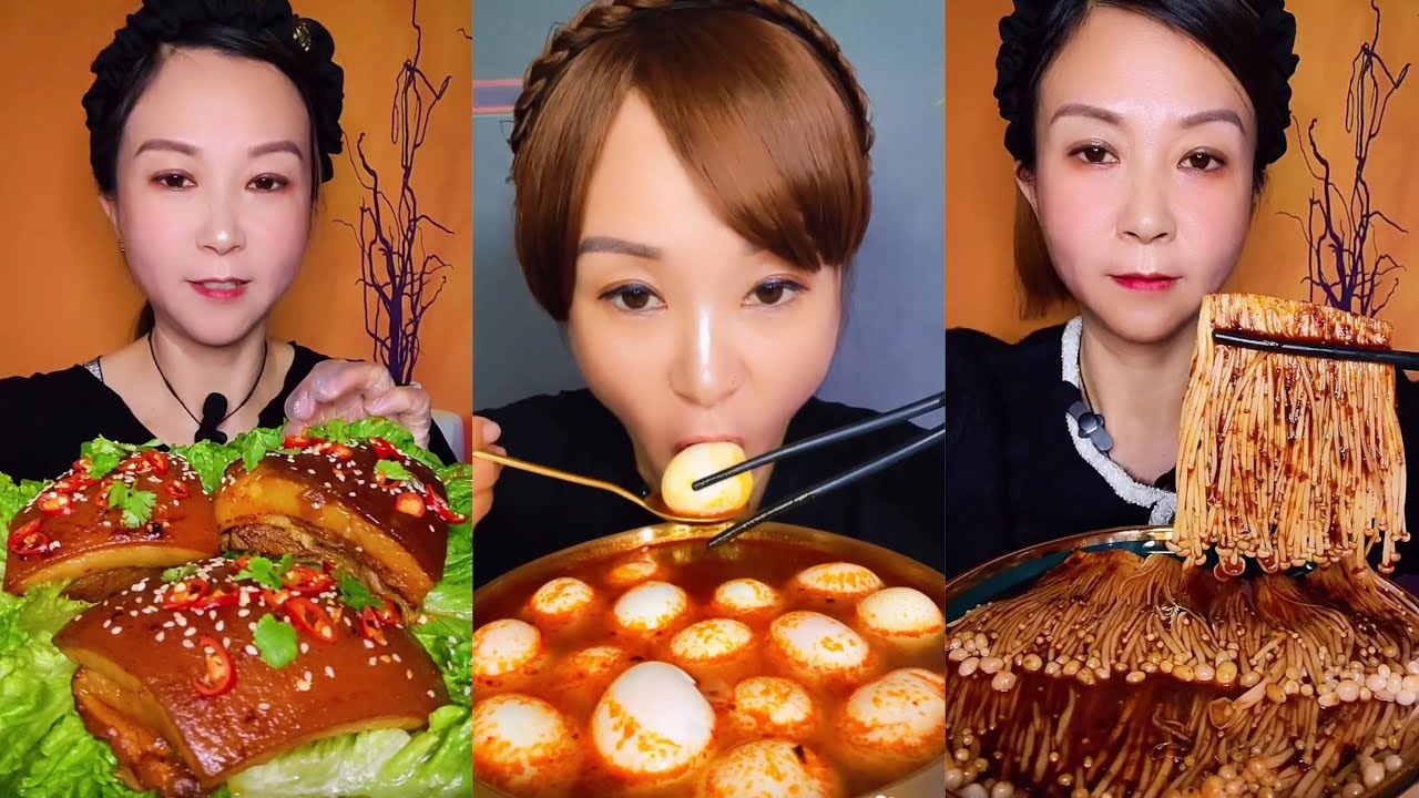 ASMR SOSLU ÇİN YEMEKLERİ SPICY CHINESE FOOD(Pork Belly, Noodles+egg, enoki Munshroom)MUKBANG 먹방
