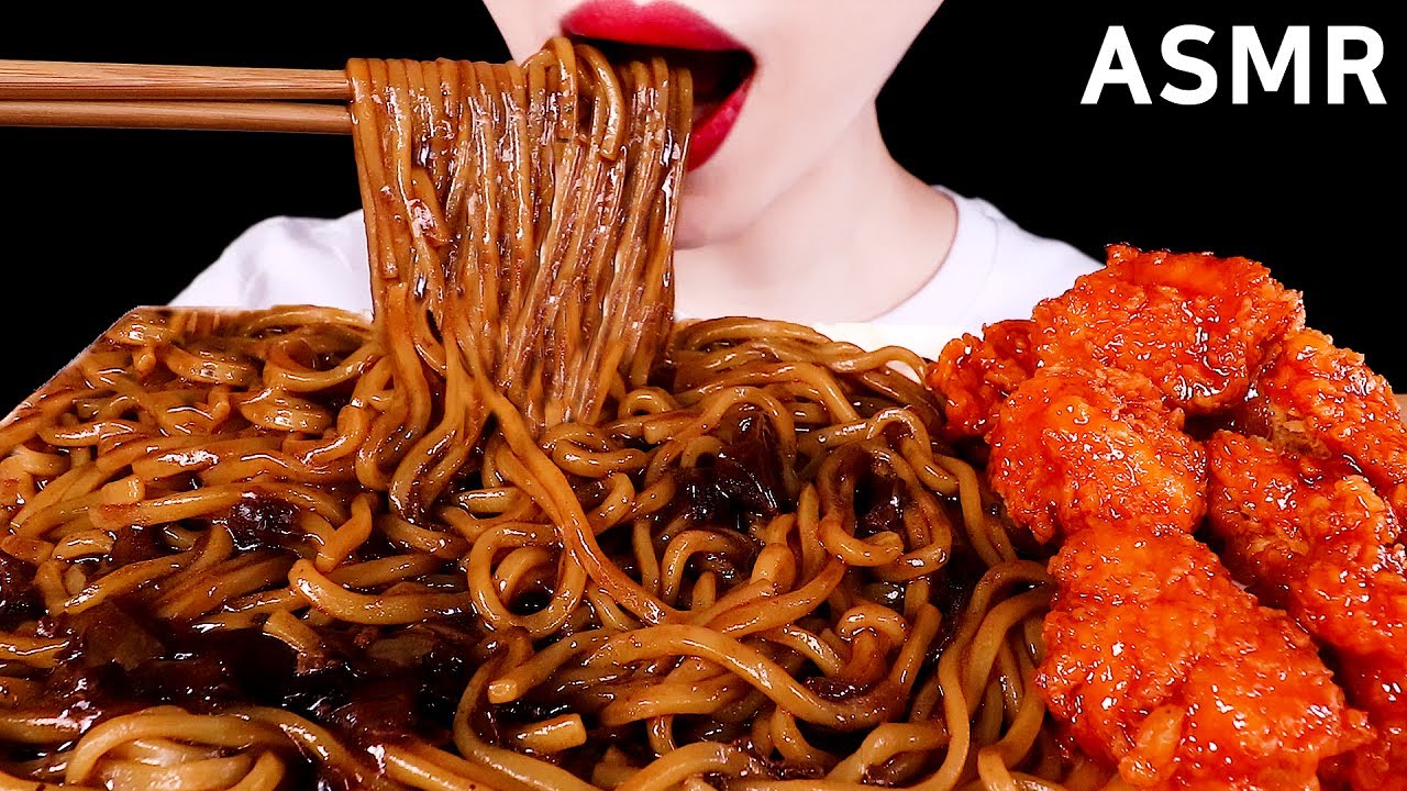 ASMR SPICY CHICKEN, BLACK BEAN NOODLES (JJAJANGMYEON) 양념치킨, 짜장면 EATING SOUNDS MUKBANG 먹방