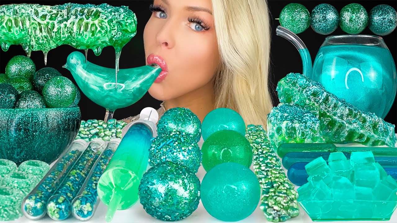 ASMR TEAL GALAXY FOOD MUKBANG, HONEYCOMB, PIPETTE SQUEEZE DRINK, JELLY SYRINGE, SPRINKLES 먹방