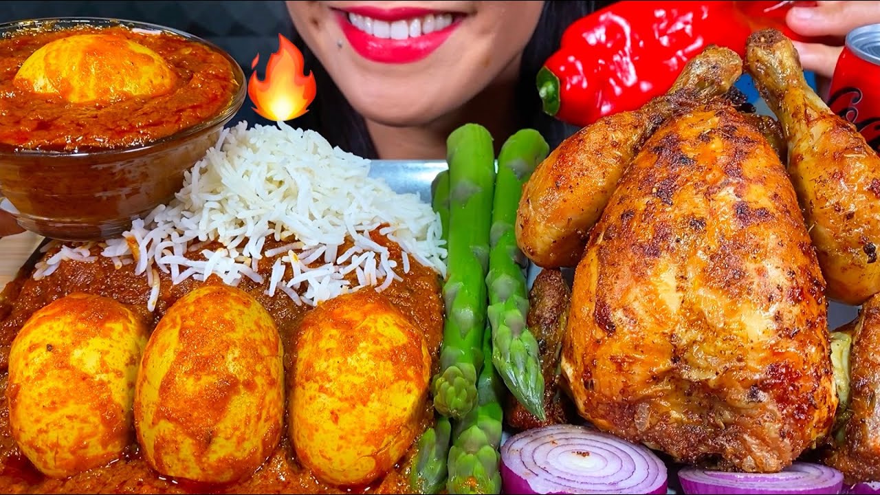 ASMR WHOLE ROAST CHICKEN, SPICY EGG CURRY, RICE MUKBANG MASSIVE Eating Sounds