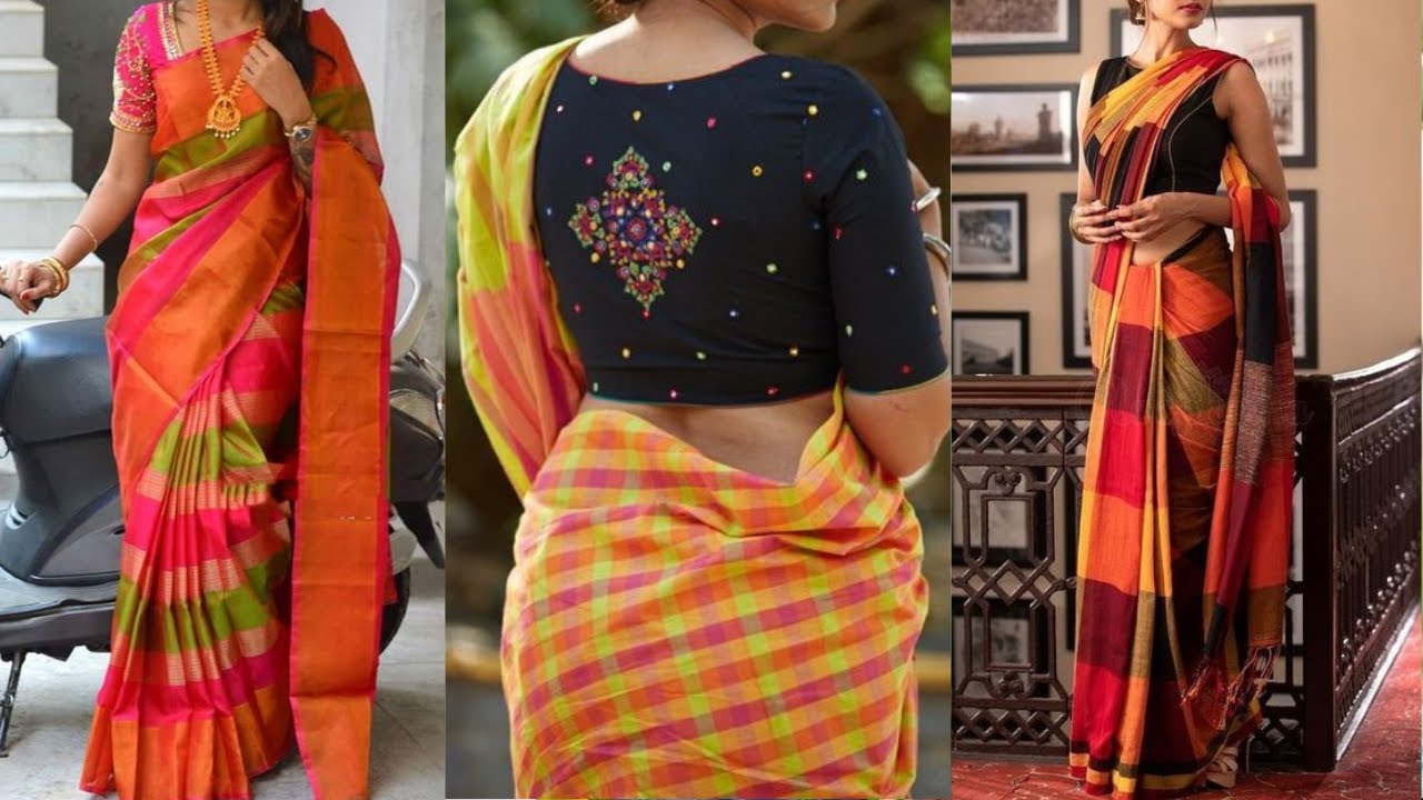 Beautiful checked saree collections, Check sarees with contrast blouse for a new look ideas