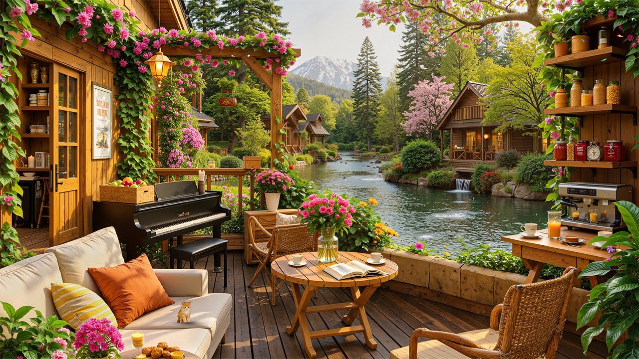 Beautiful Spring Day in Tranquil Coffee Porch Ambience by Lakeside🌺 Warm Morning Jazz for Relax,Work
