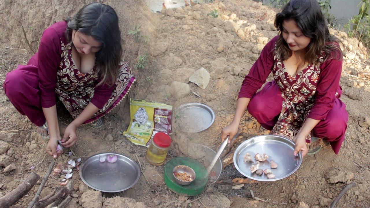 beautiful village girl cooking pork curry with pulau eating vlog