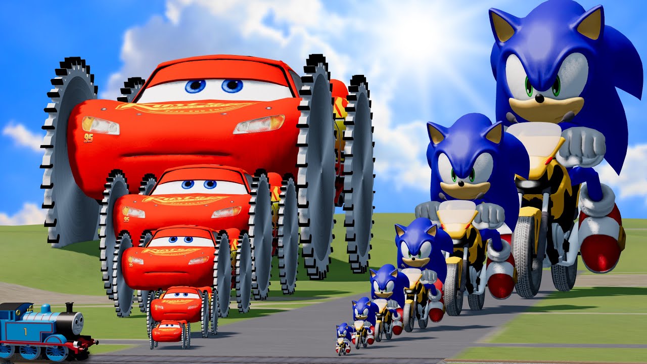 Big & Small Lightning Mcqueen with Saw wheels vs Big & Small Sonic on a motorcycle | BeamNG.Drive