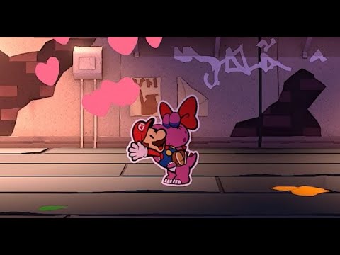 Birdo kissing Mario in Paper Mario Origami King theatre